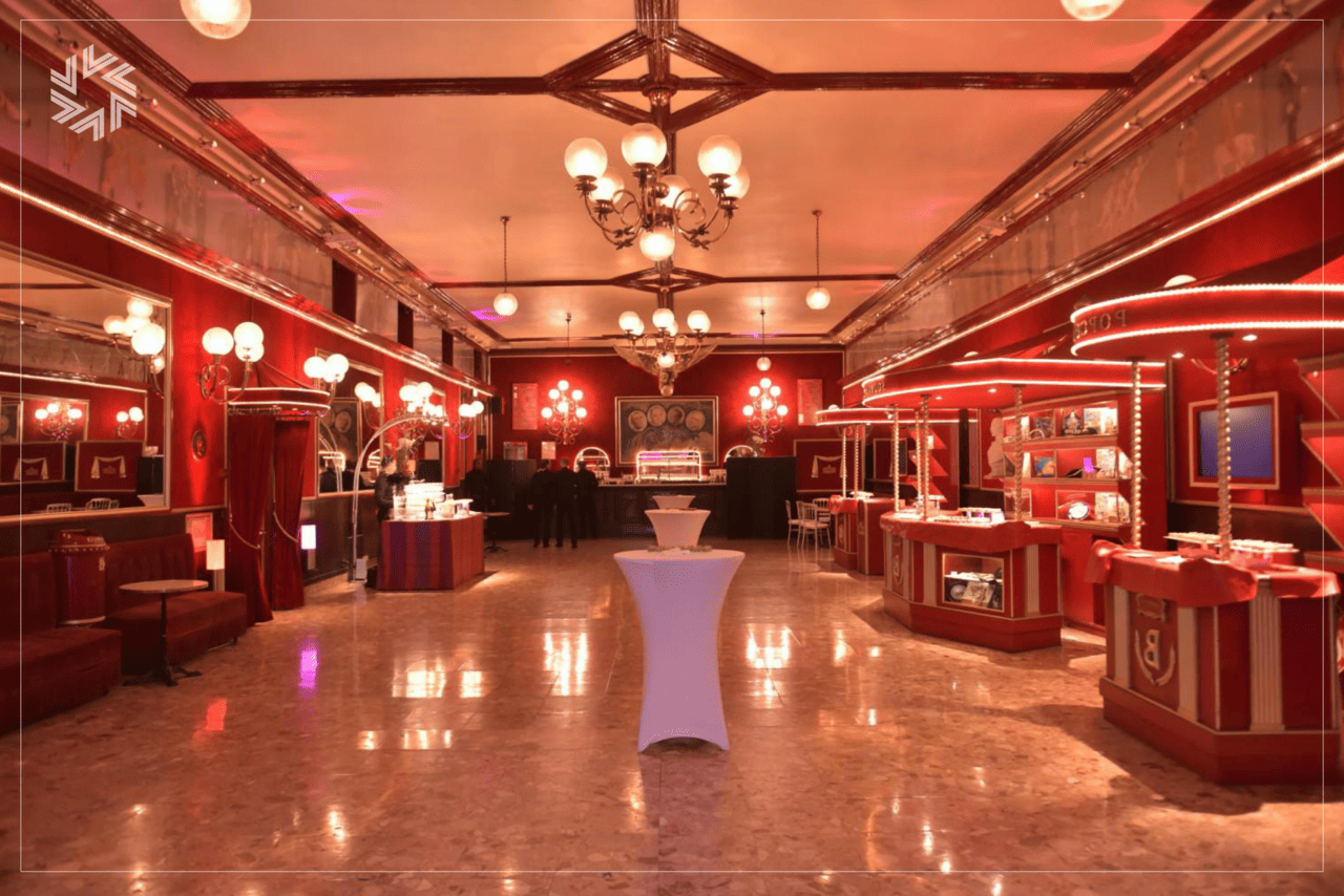 Ambiance futuriste immersive lors d’une soirée d’entreprise haut de gamme.